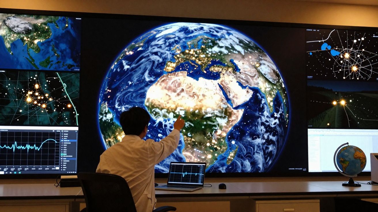Pessoa em frente a vários ecrãs, incluindo um grande com imagem da Terra e dados científicos digitais.