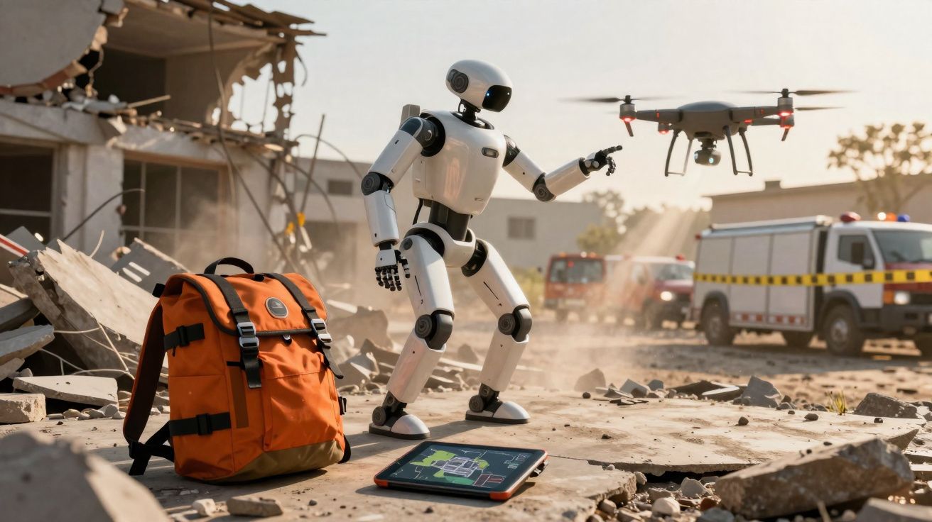 Robô branco interage com drone em cenário de destruição, com mochila laranja e tablet no chão.