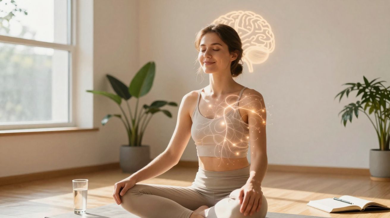 Mulher a meditar sentada em posição de lótus, com gráficos de cérebro e energia corporal iluminados ao fundo.