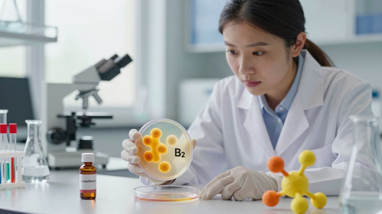 Cientista em laboratório a examinar placa de Petri com colónias laranjas marcadas com B2.