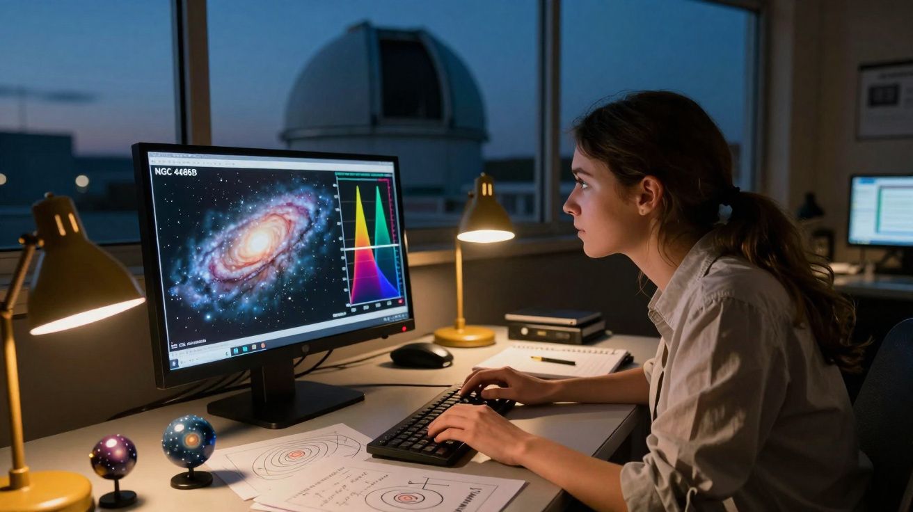 Mulher a analisar imagem de galáxia no computador num escritório com modelos do sistema solar na secretária.