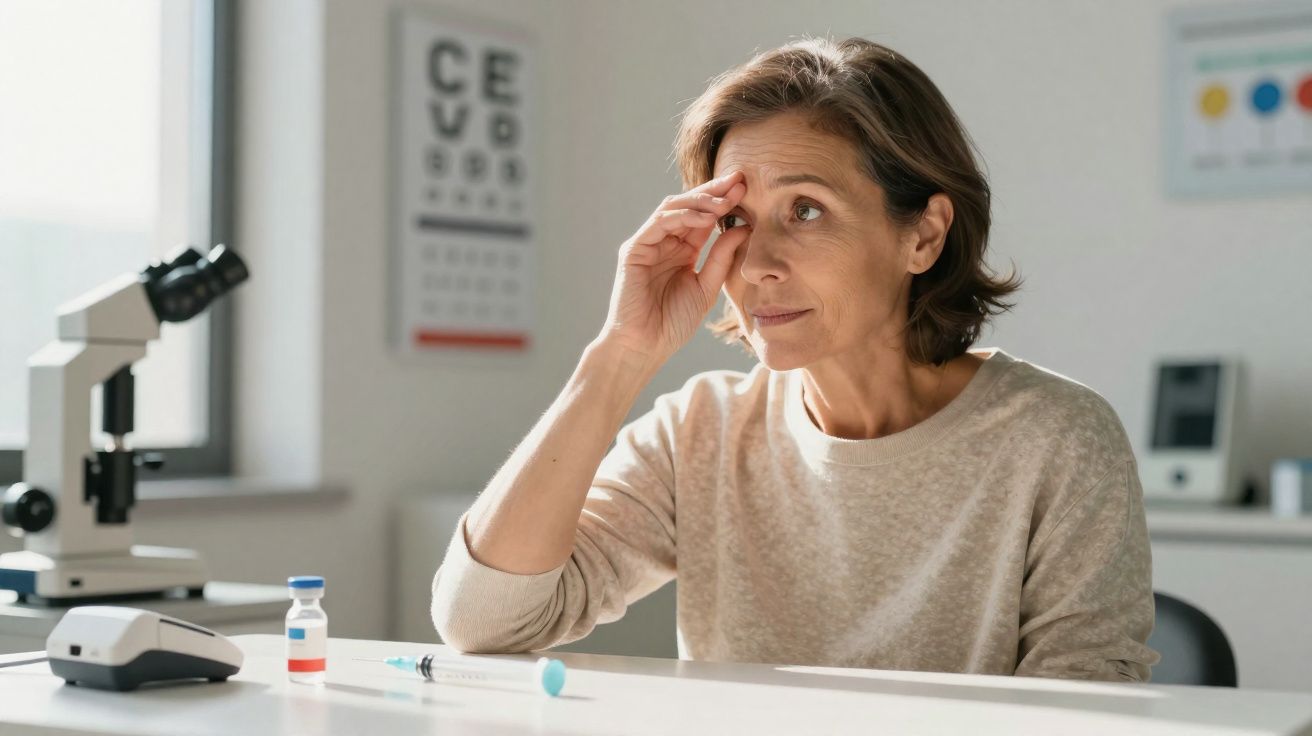 Mulher de meia-idade em consulta oftalmológica a tocar nos olhos, com equipamento médico à sua frente.