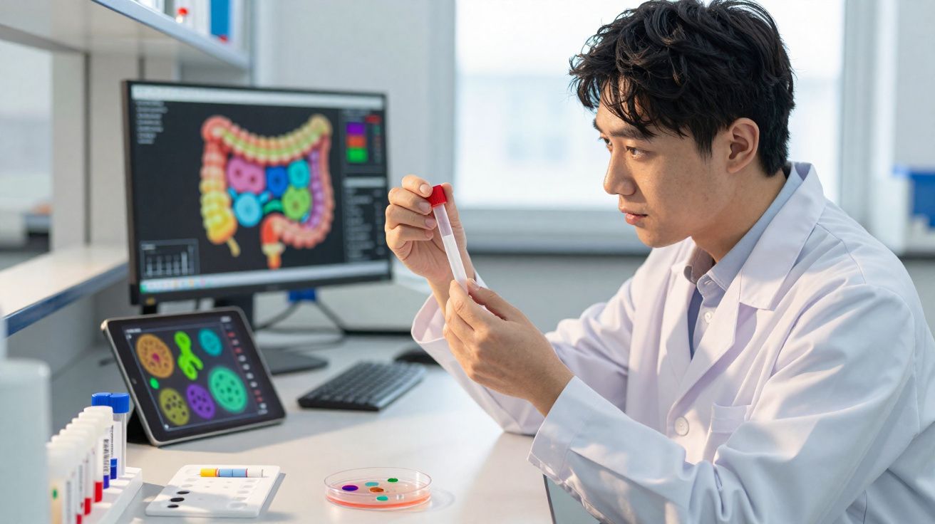 Cientista em laboratório analisa tubo de ensaio com imagens digitais de microbiomas e intestino ao fundo.