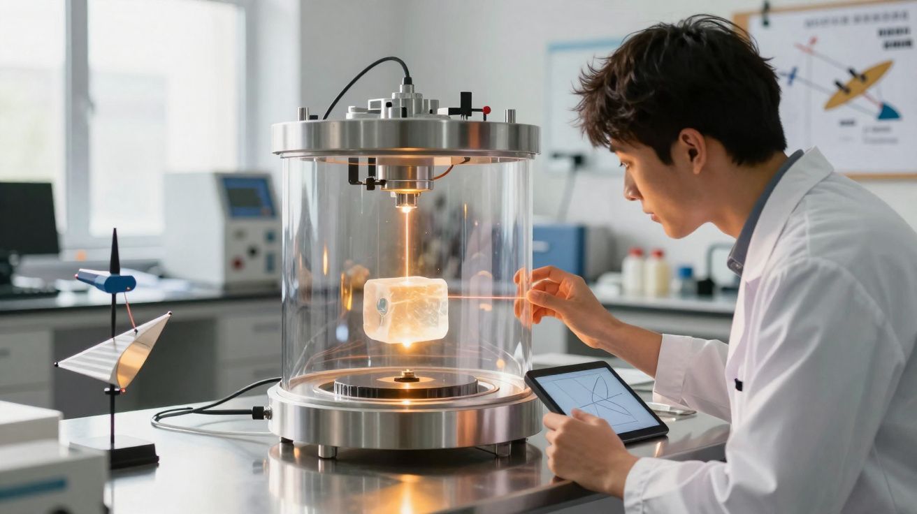 Cientista em laboratório analisa objeto iluminado dentro de câmara de vidro com tablet na mão.