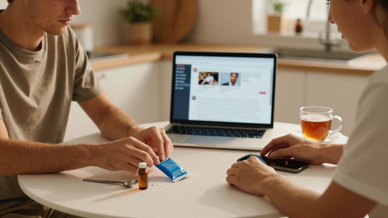 Duas pessoas sentadas à mesa com medicamentos, telemóvel, chá e portátil aberto numa página de texto.
