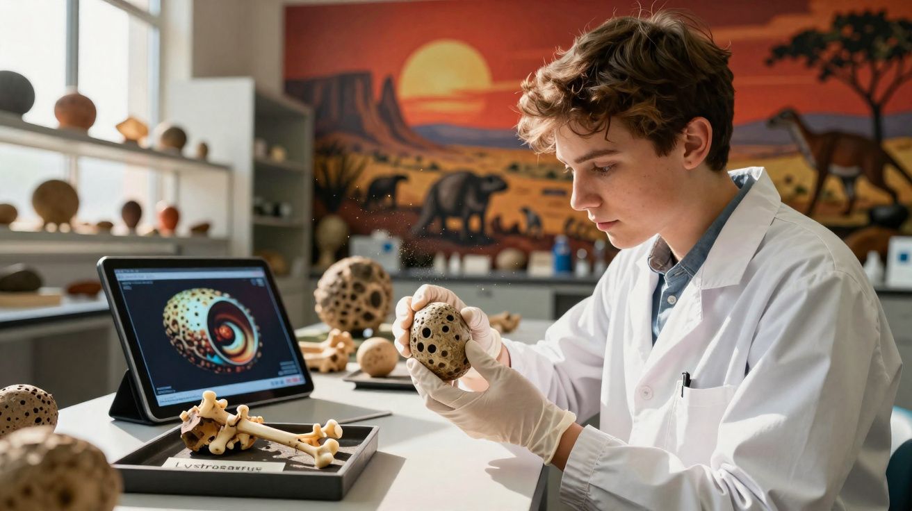 Jovem cientista com bata examina fóssil perfurado numa sala com tablet e ossos expostos.