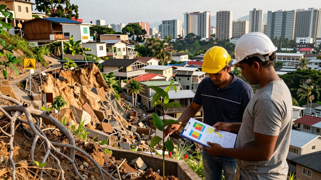 Dois engenheiros com capacetes a analisar planta de contenção perto de encosta instável em zona urbana.