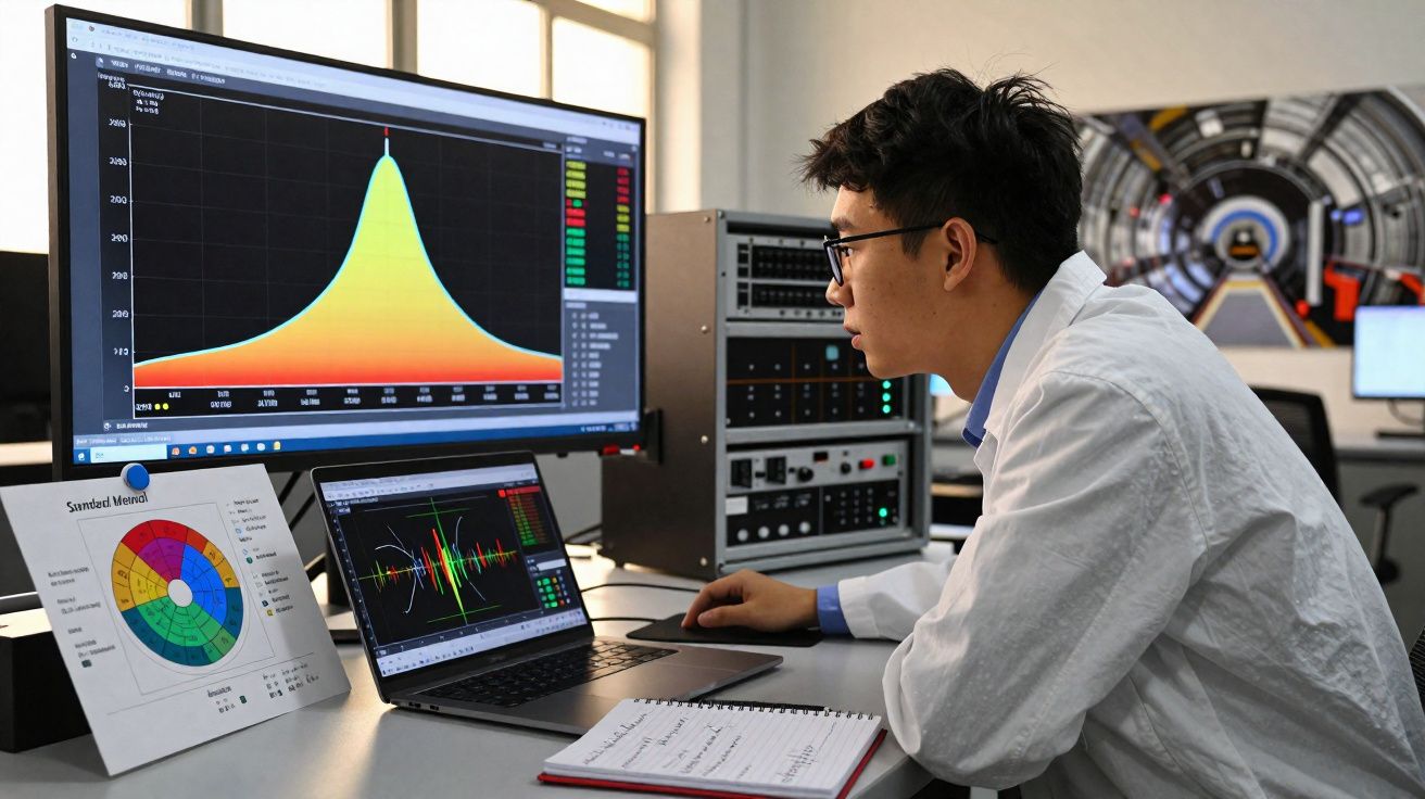 Homem de bata branca a analisar gráficos coloridos em ecrãs de computador num laboratório.