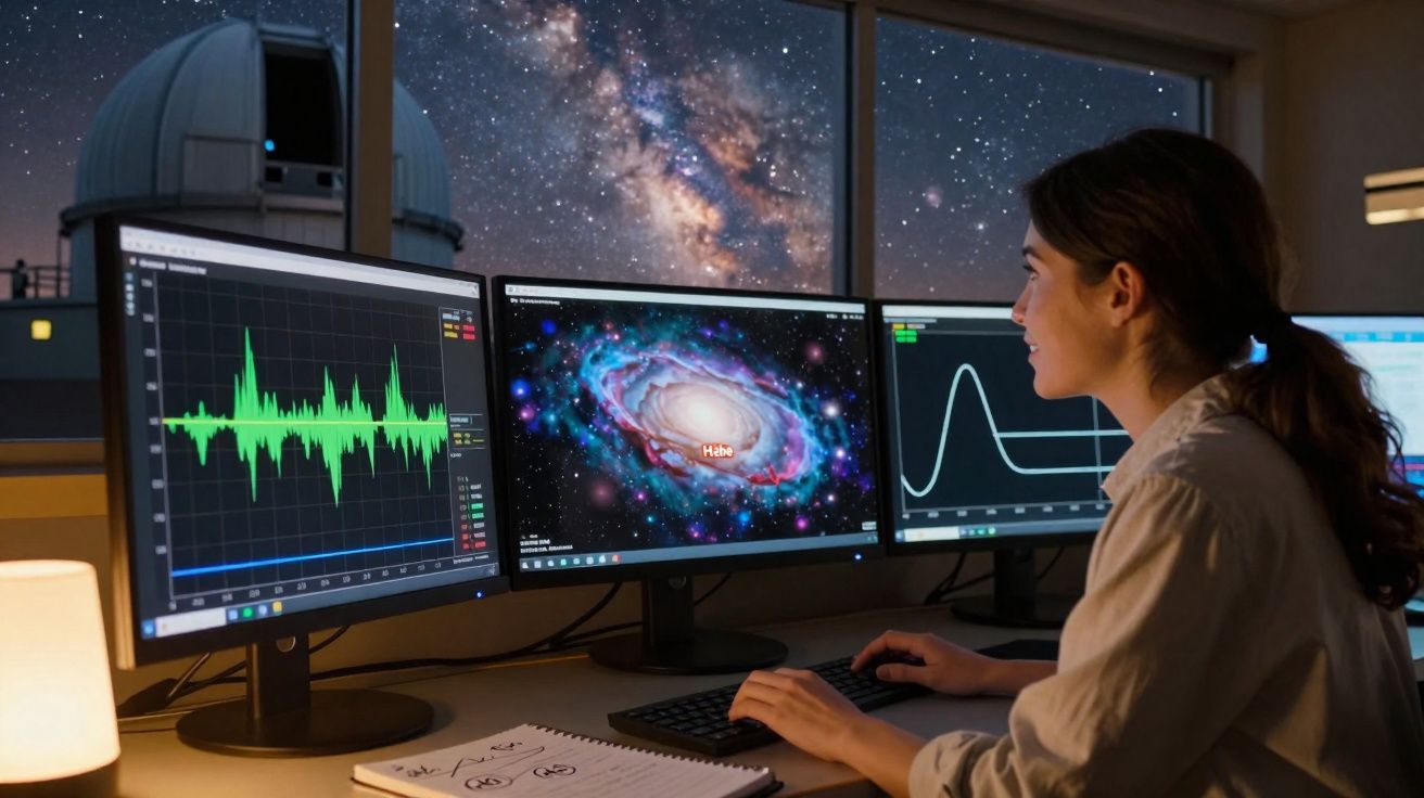 Mulher a analisar dados astronómicos em monitores com galáxia e gráficos, observatório e Via Láctea ao fundo.