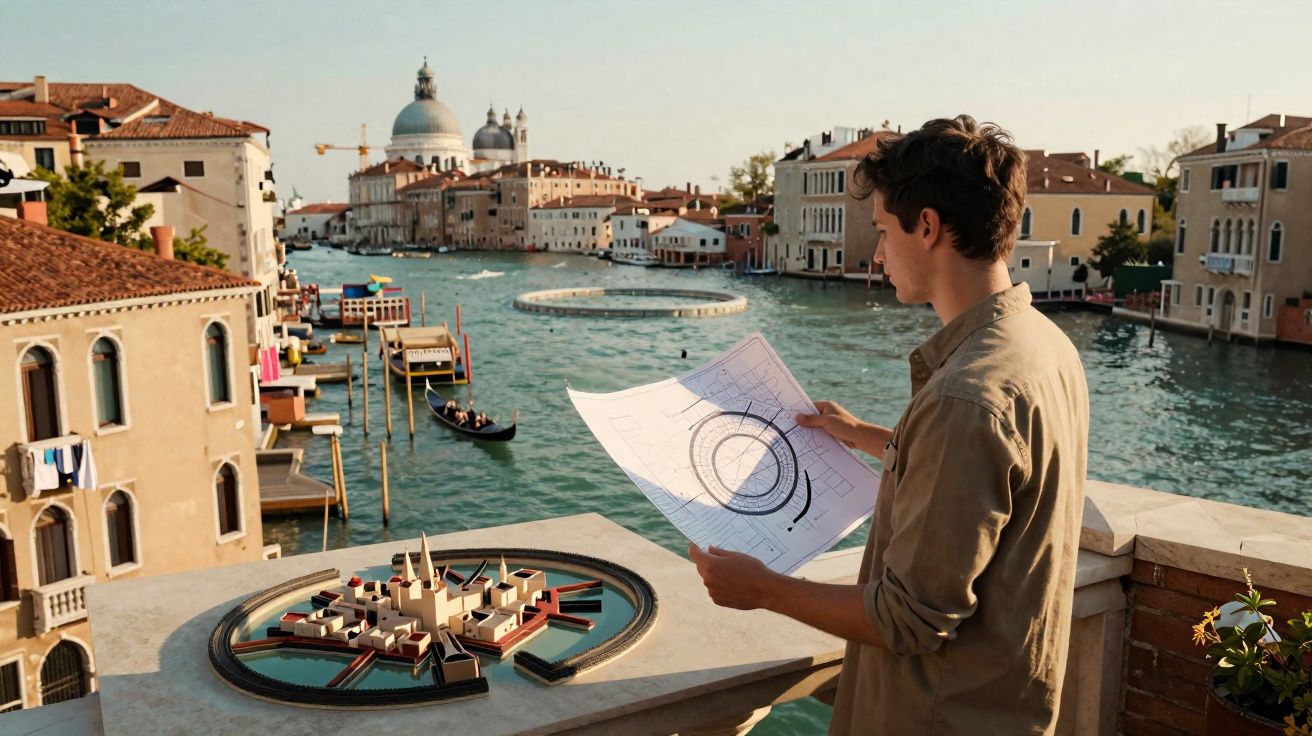 Jovem observa planta arquitetónica junto a maquete com canal e edifícios históricos ao fundo, em Veneza.