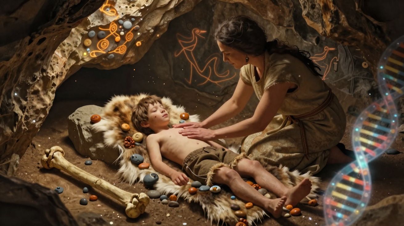 Mulher cuidando de criança deitada numa pele numa caverna com pinturas rupestres e pedaço de osso grande.