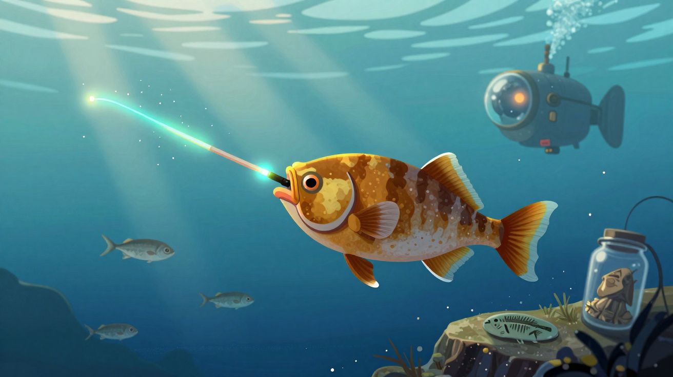 Peixe laranja com luz verde na boca a nadar no oceano, acompanhado por um submarino e objetos no fundo marinho.