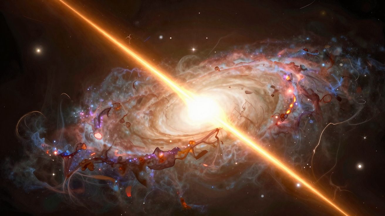 Explosão luminosa e ejetos de energia numa galáxia com nuvens de gás coloridas e estrelas no espaço.