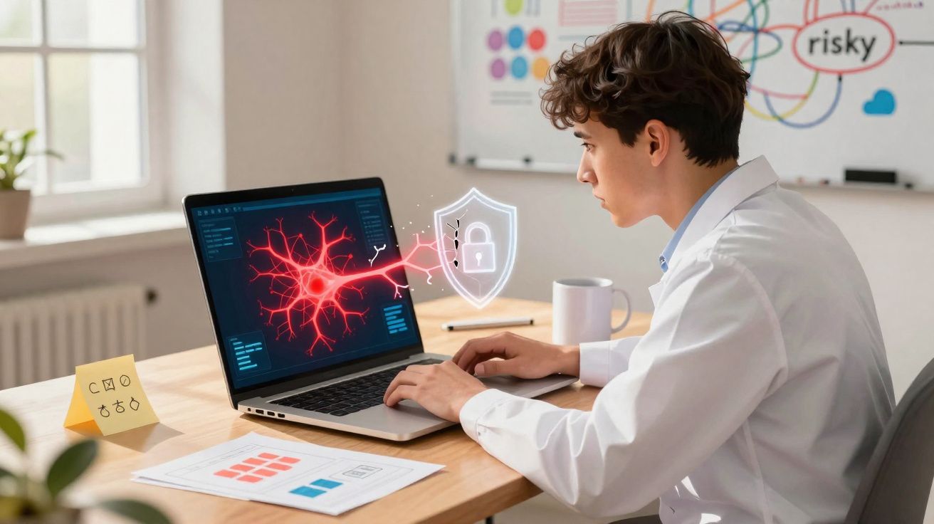 Jovem cientista a trabalhar num computador com imagem digital de neurónio e símbolo de segurança.
