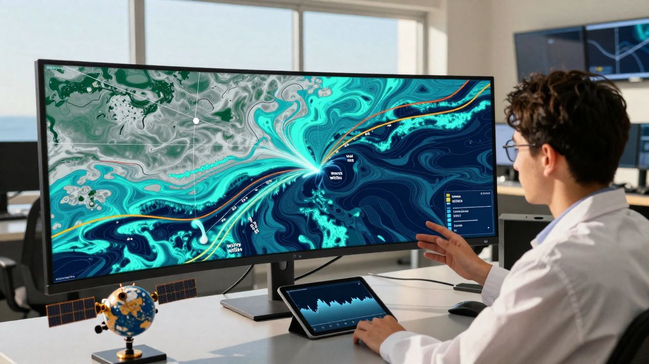Pessoa a analisar dados num grande ecrã ultrawide e tablet numa mesa de escritório moderno.