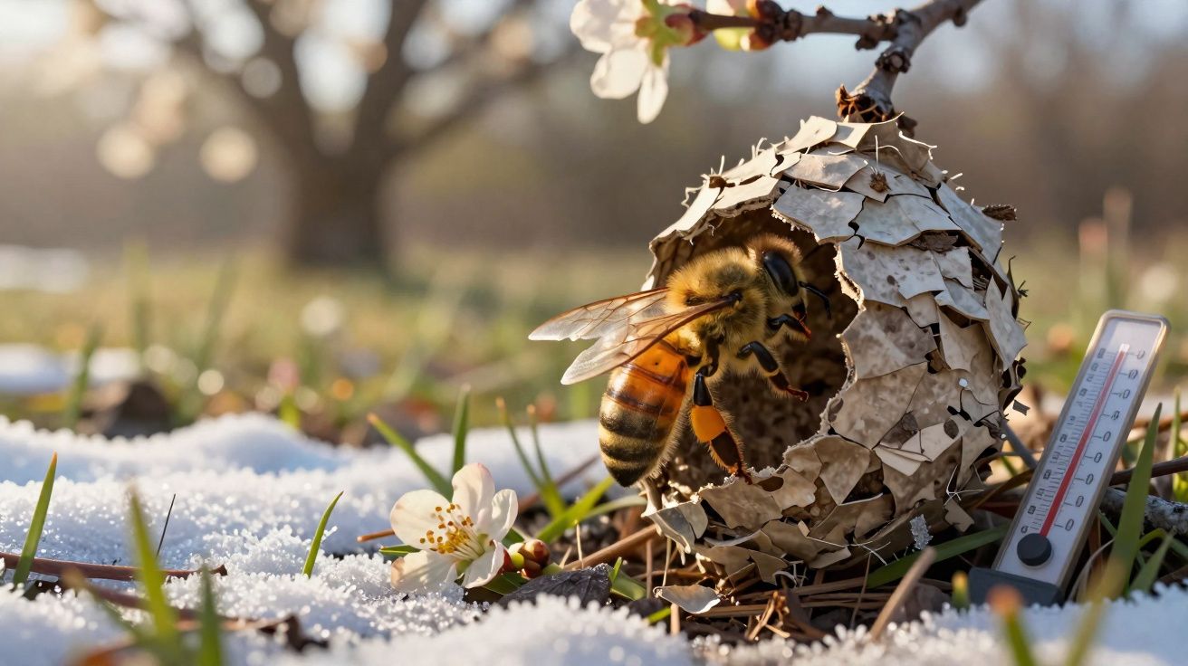 Abelha a entrar num ninho em galho com flores, neve e termómetro no chão numa manhã soalheira.