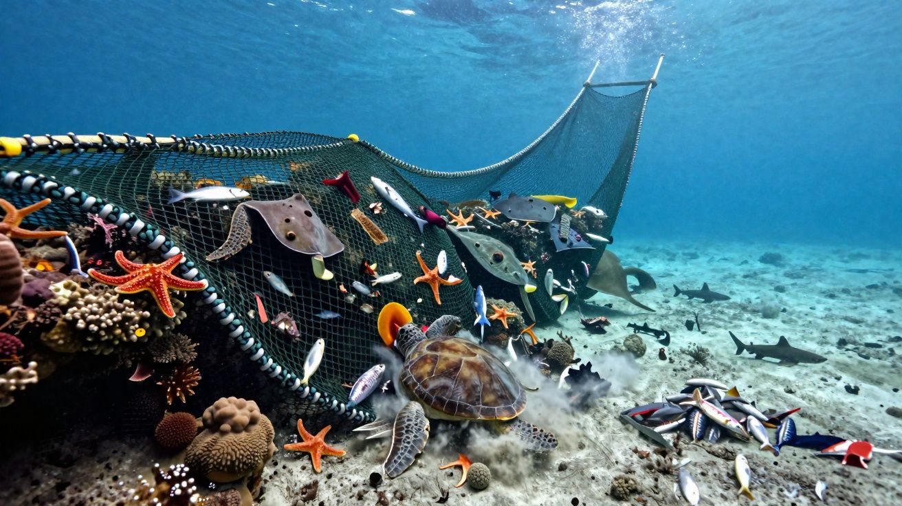Rede de pesca submersa com várias espécies marinhas presas, incluindo peixes, raias e uma tartaruga.
