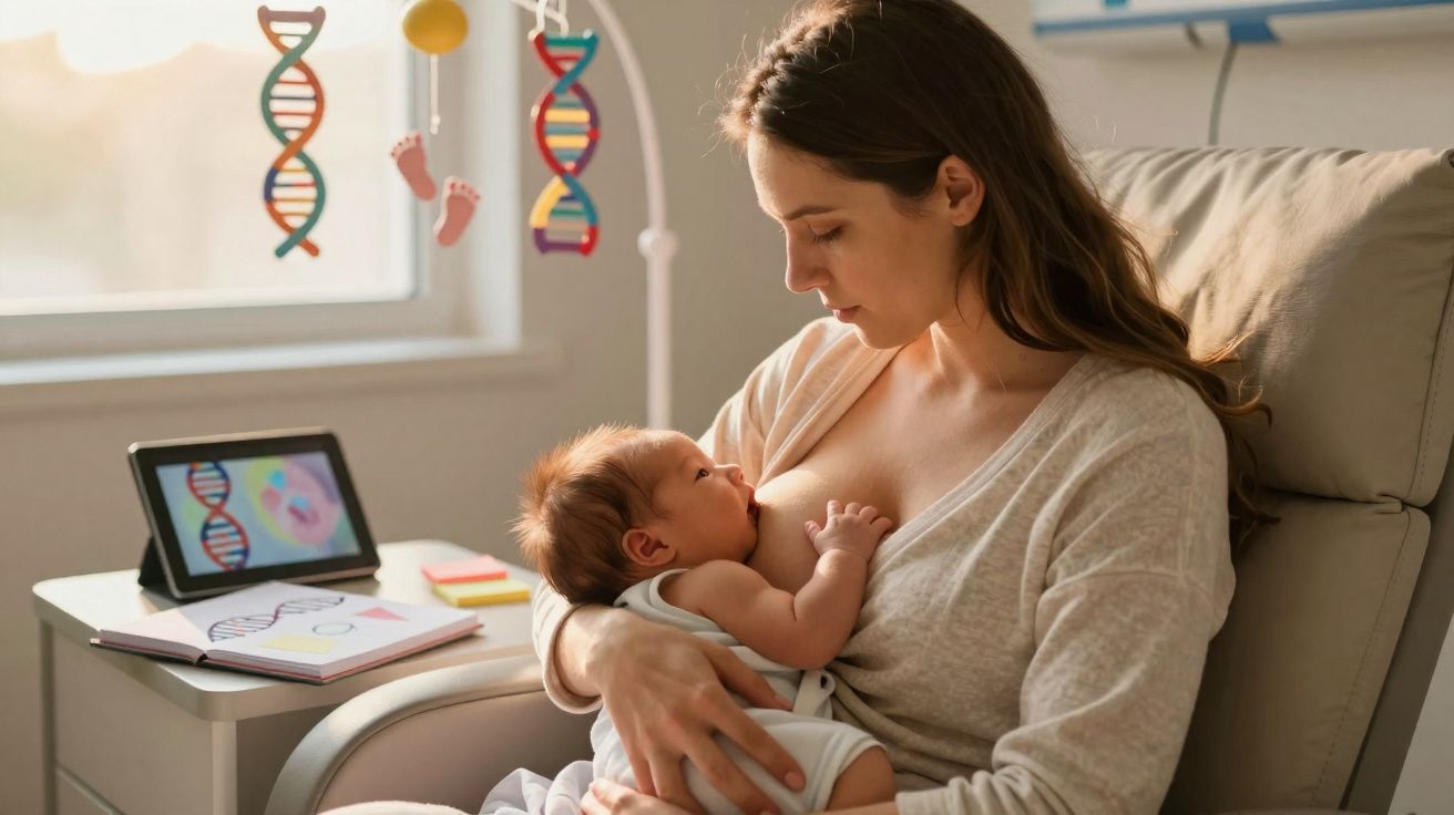 Mãe amamenta bebé recém-nascido numa cadeira, com decoração de cadeias de ADN na sala iluminada.