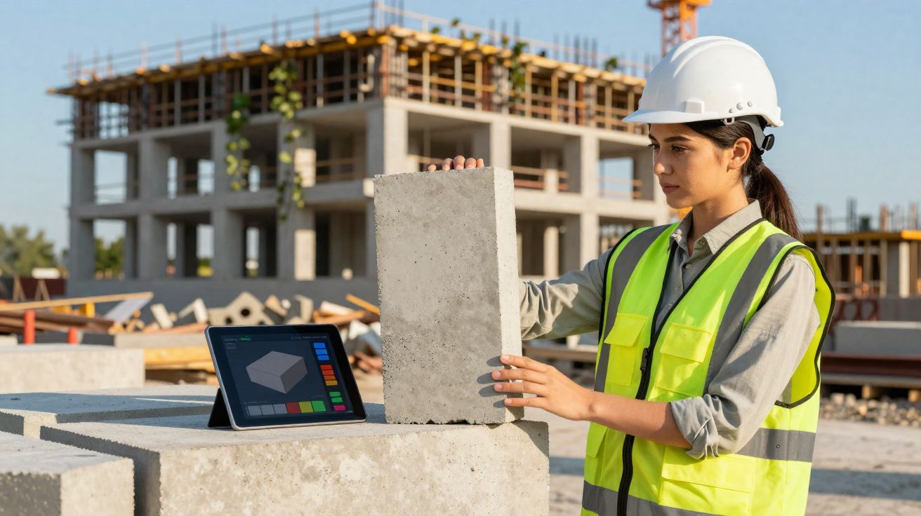 Engenheira a examinar bloco de cimento com capacete e colete numa obra em construção.