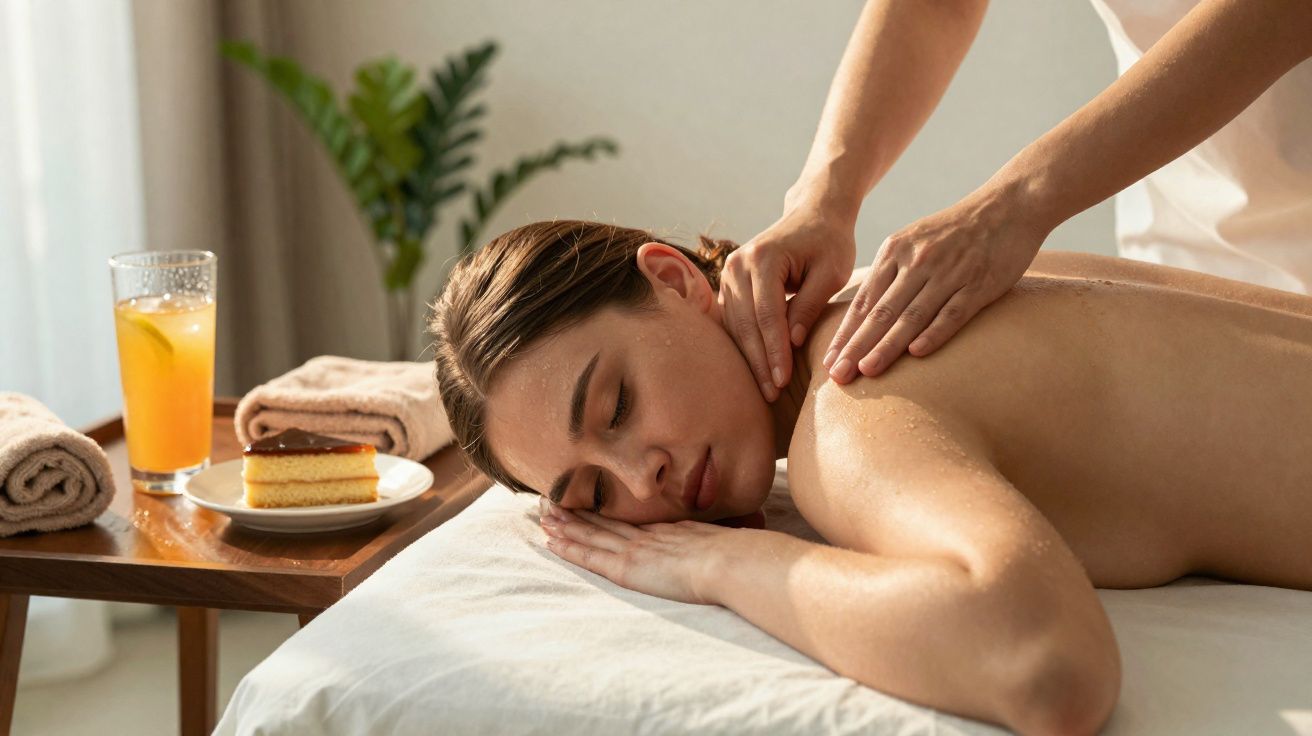 Mulher a receber massagem nas costas numa cama de massagens, com bebida e bolo ao lado.