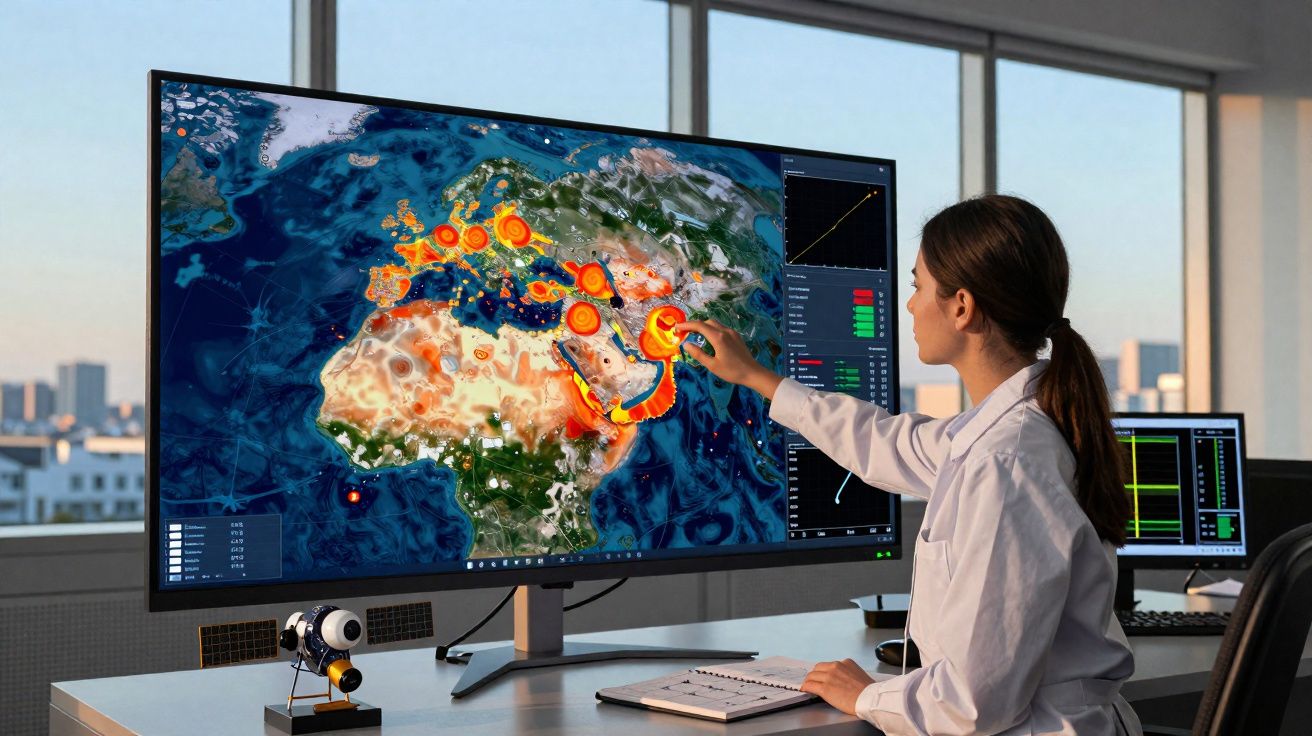 Mulher cientista analisa dados de atividade sísmica no ecrã grande de um laboratório moderno.
