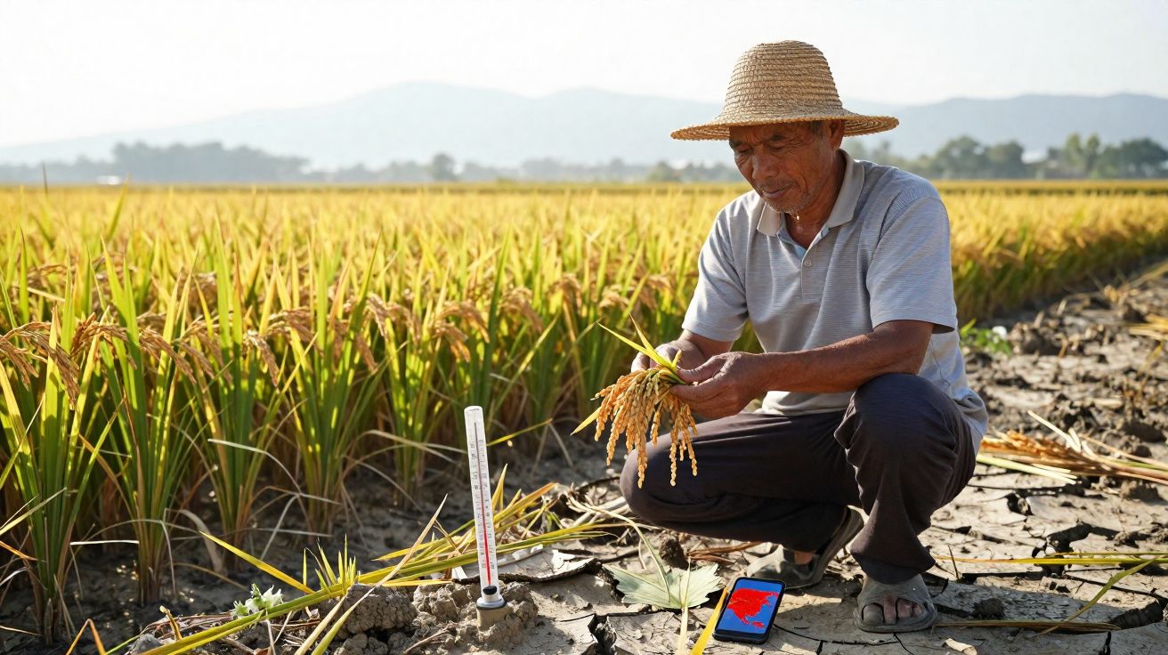 Agricultor de chapéu de palha examina planta numa cultura seca com solo rachado e termómetro.