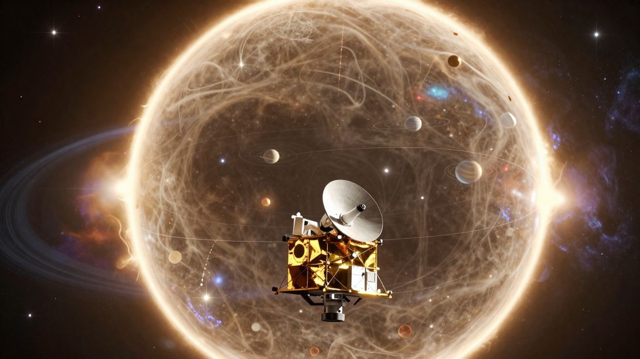 Sonda espacial dourada em órbita com planetas e estrela brilhante ao fundo no espaço sideral.