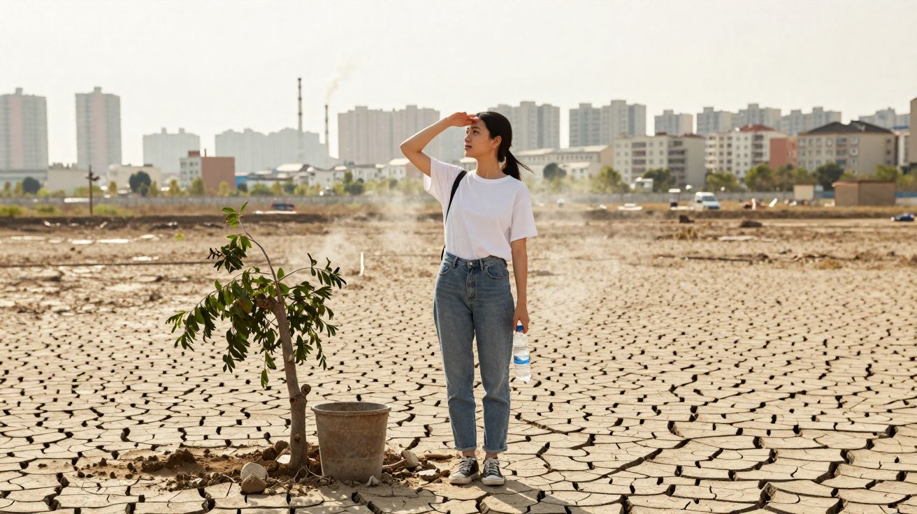 Mulher com água na mão em terreno seco e rachado, com árvore pequena e prédios ao fundo.