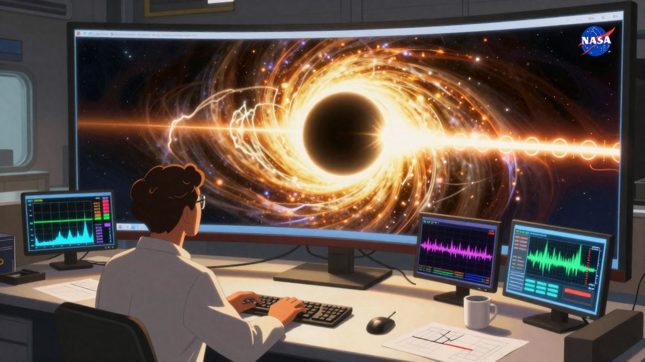 Pessoa a observar buraco negro numa tela grande com gráficos em monitores menores numa sala da NASA.