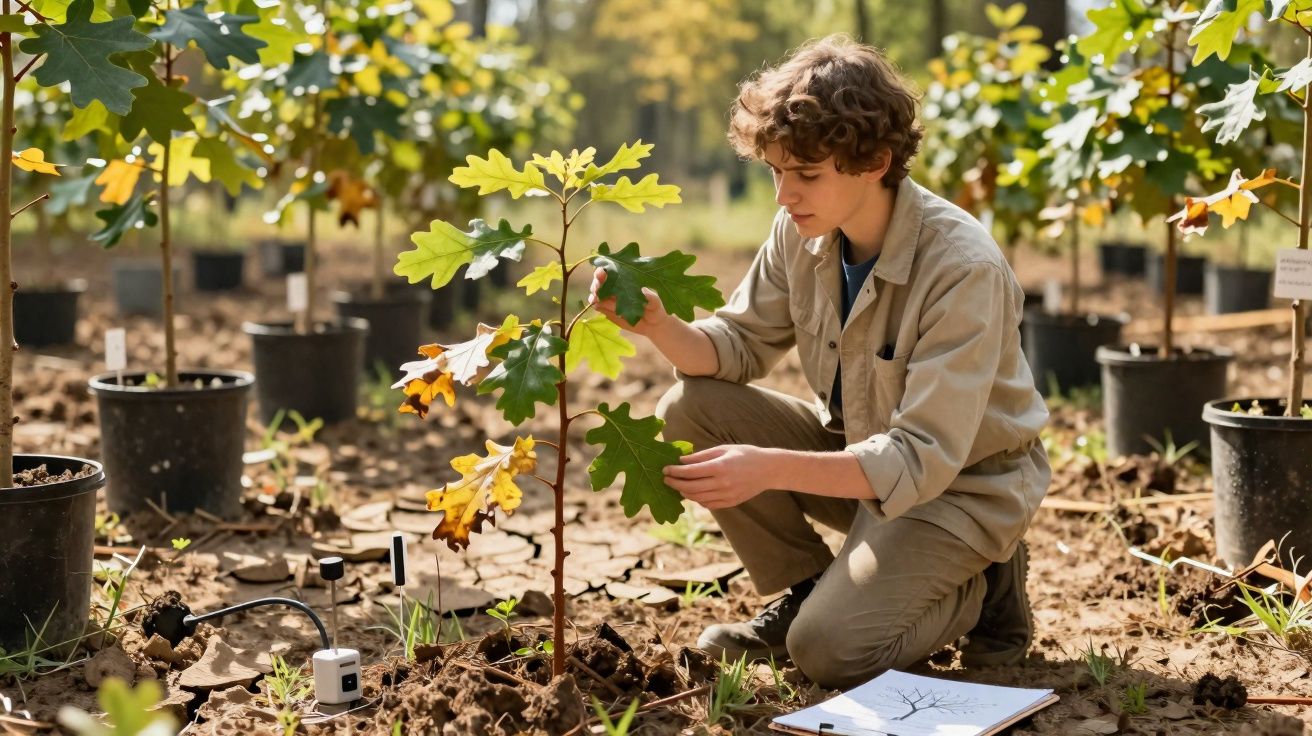 Jovem a analisar folhas de planta jovem num viveiro ao ar livre com equipamentos de medição no chão.
