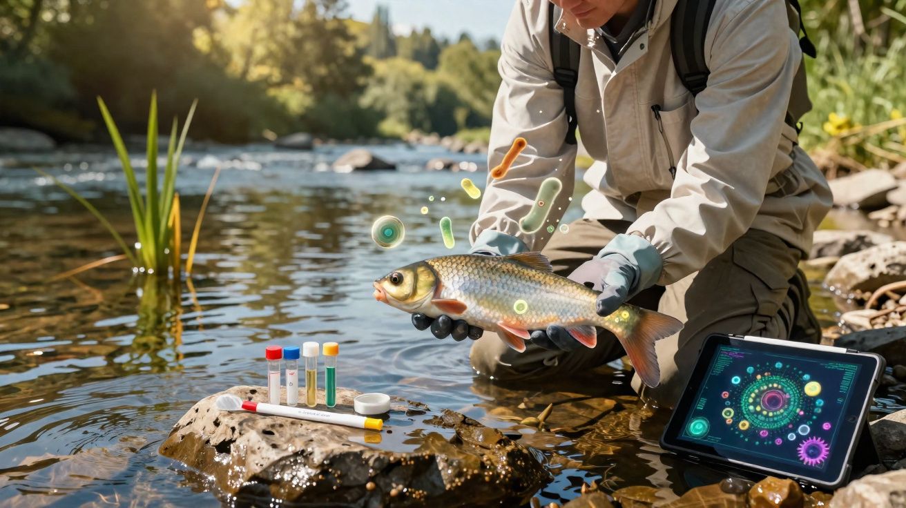 Pessoa segura peixe junto a rio com tubos de ensaio e tablet a analisar dados científicos.