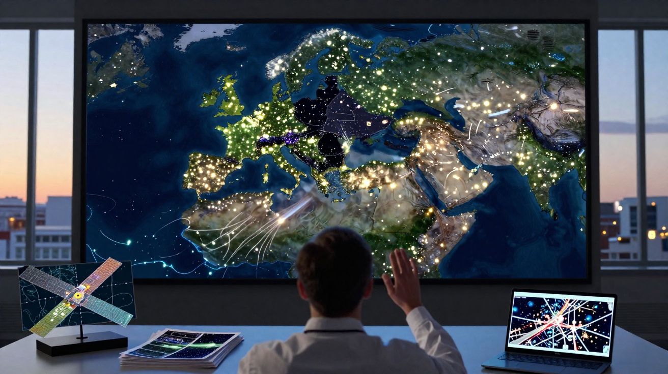 Pessoa a analisar mapa digital com luzes e rotas, ao lado de modelo de satélite, documentos e computador portátil.