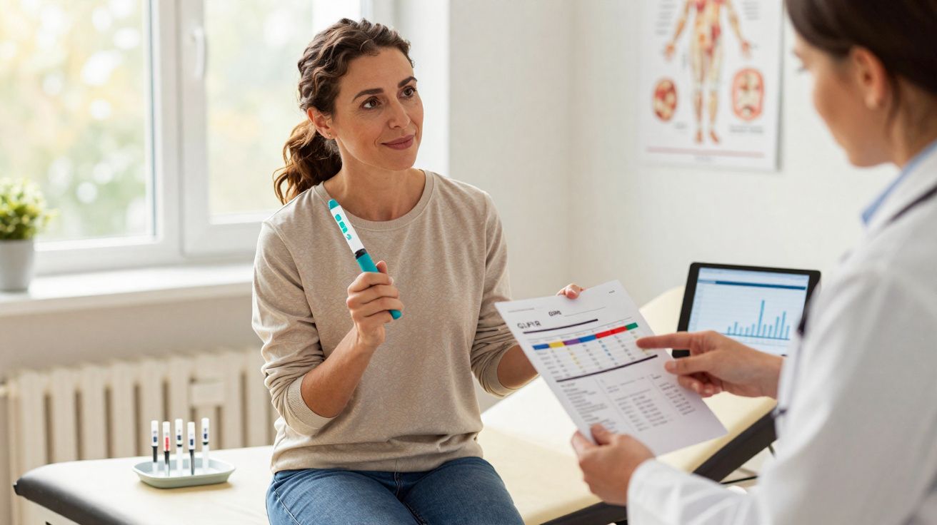 Paciente conversa com médica segurando dispositivo e gráfico em consultório médico.