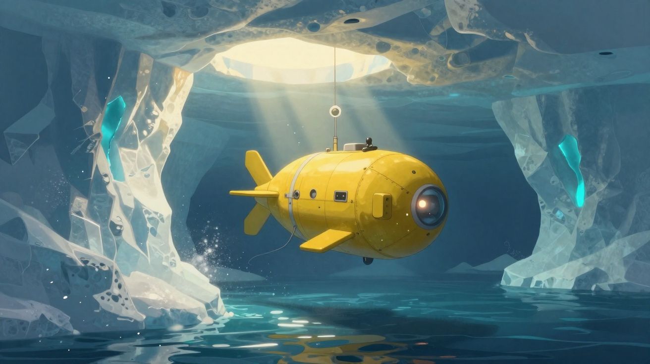 Submarino amarelo pequeno explorando uma caverna subaquática iluminada por raios de luz.