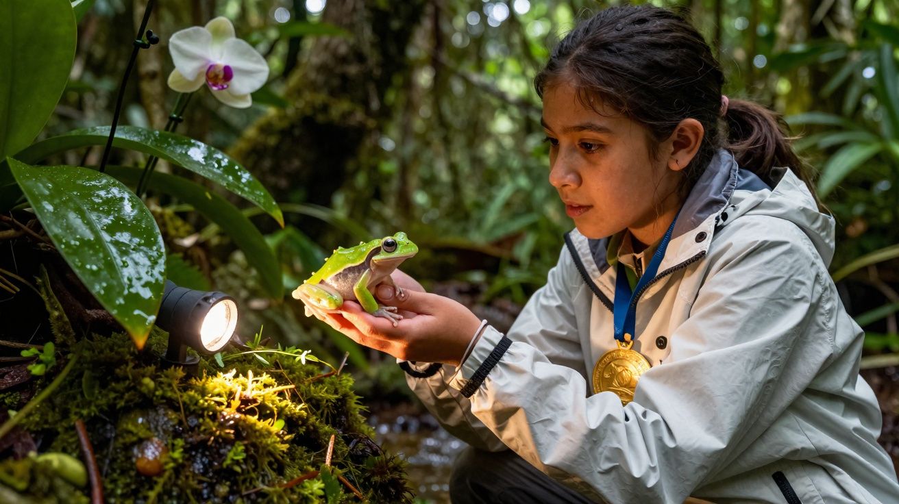 Rapaz com medalha segura uma rã verde numa floresta húmida com iluminação artificial e orquídea branca ao fundo.