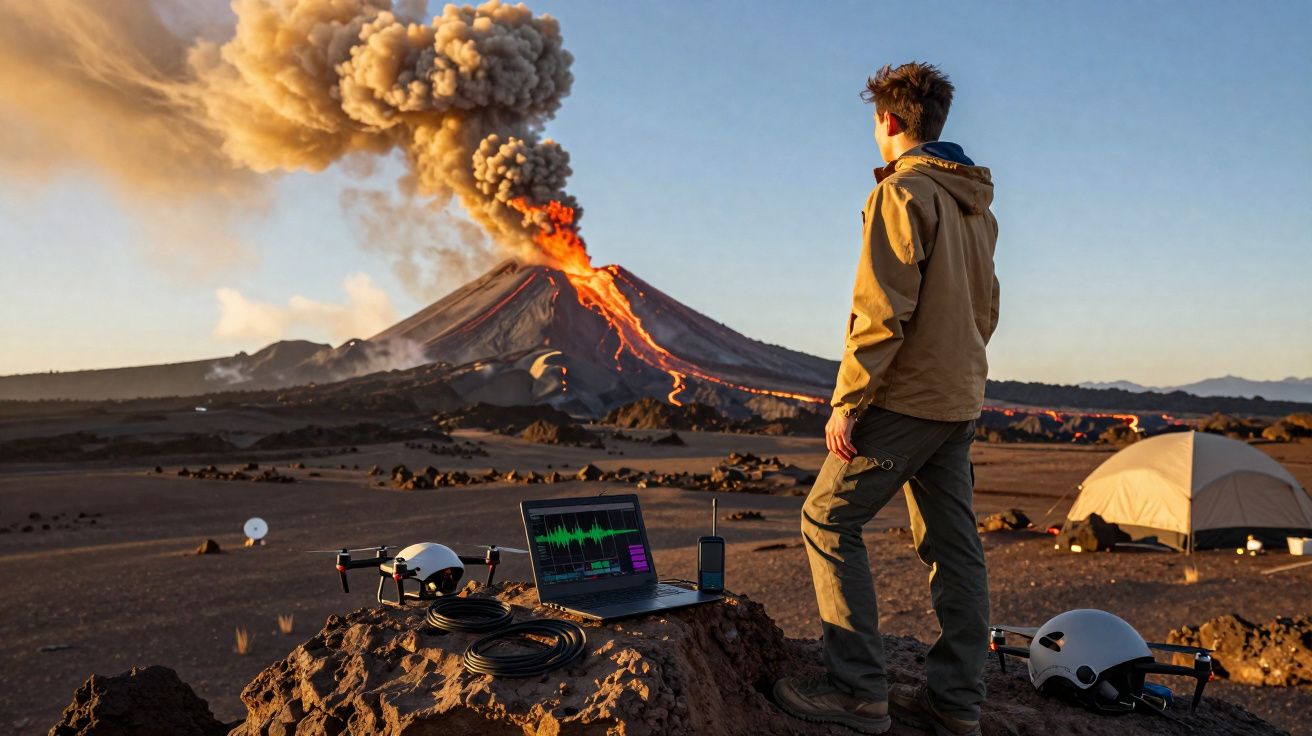 Homem observa erupção vulcânica com lava e fumo, perto de equipamentos tecnológicos e tenda num terreno árido.