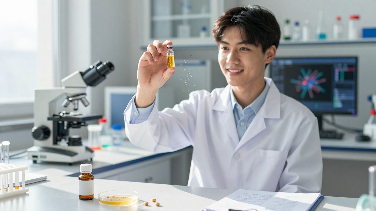 Cientista sorridente a segurar frasco com líquido amarelo num laboratório moderno com microscópio e computador.