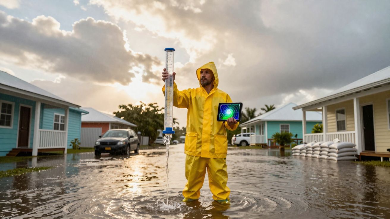 Homem de fato amarelo de chuva mede a água de uma inundação na rua de uma habitação suburbana.