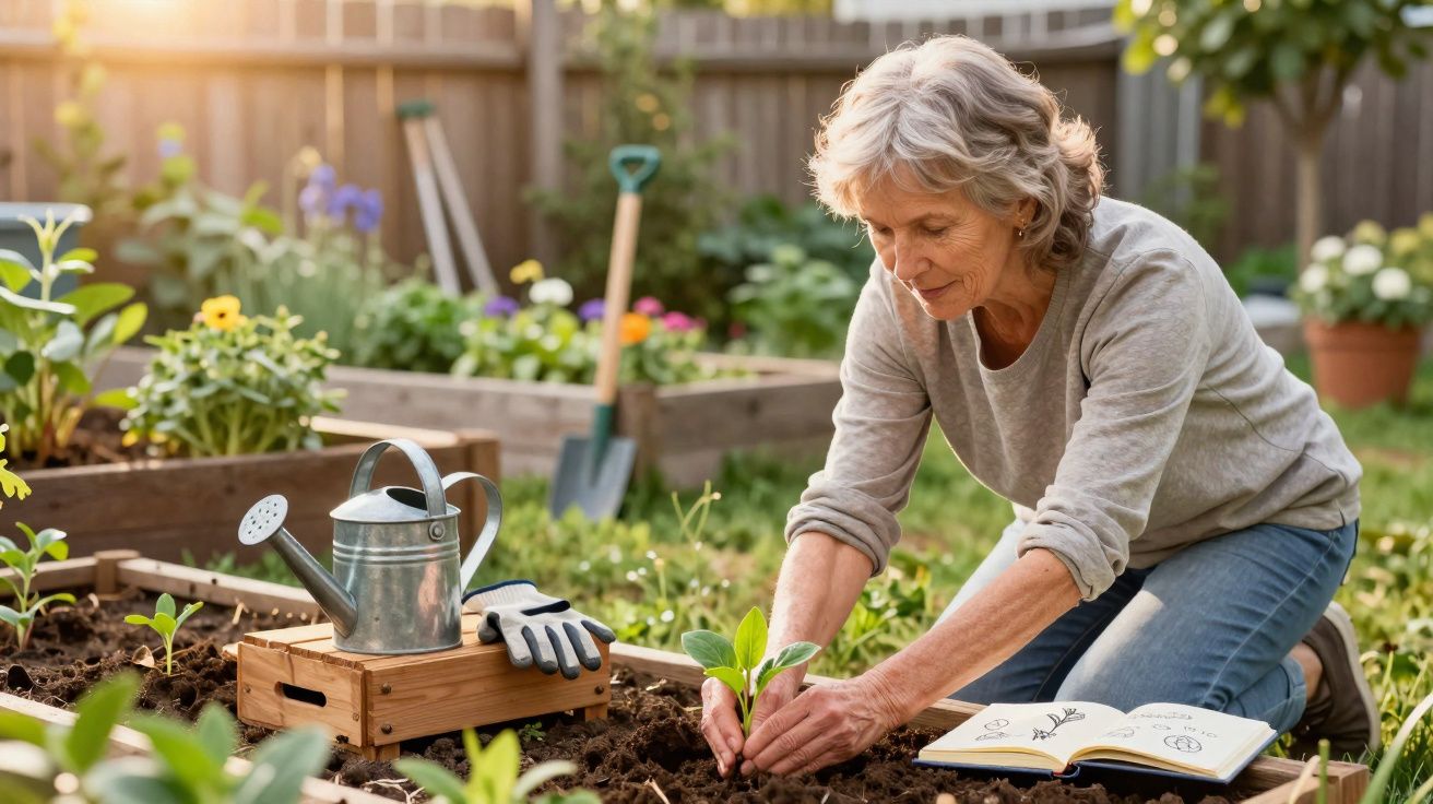 Mulher idosa a plantar muda numa horta solarenga com regador, luvas e livro aberto ao lado.