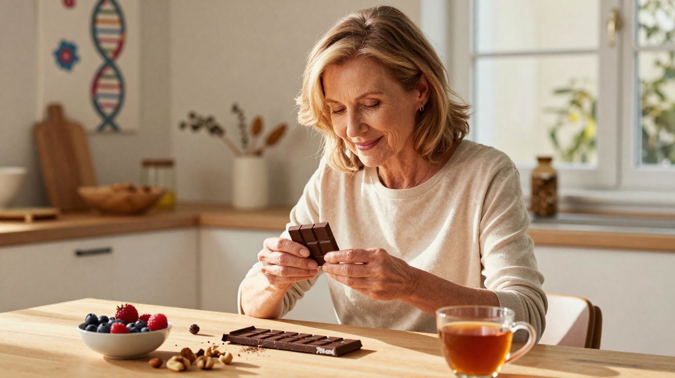 Mulher sorridente a partir um pedaço de chocolate sentada à mesa com chá e frutos no ambiente de cozinha.