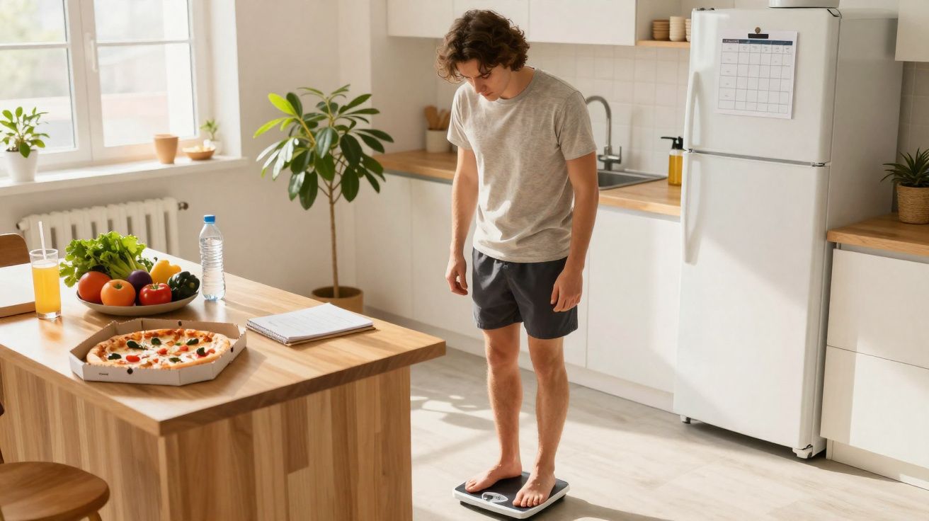 Homem em roupa casual pesa-se numa balança na cozinha iluminada, com comida e bebida sobre a bancada de madeira.