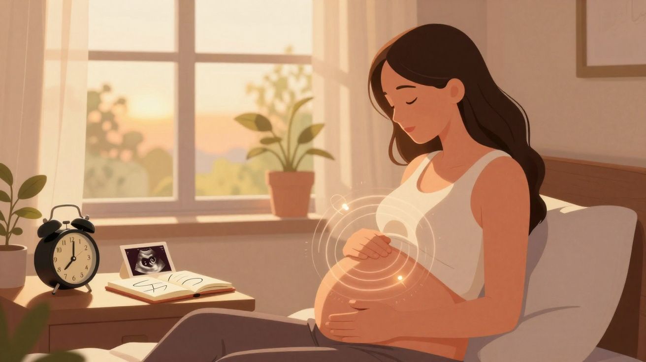 Mulher grávida sentada na cama a tocar a barriga, com ultrassom e relógio na mesa ao lado.