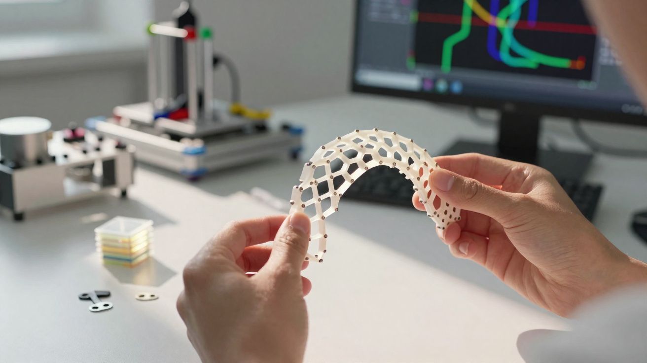 Pessoa a segurar objeto impresso em 3D com padrão de malha numa mesa de trabalho com monitor ao fundo.