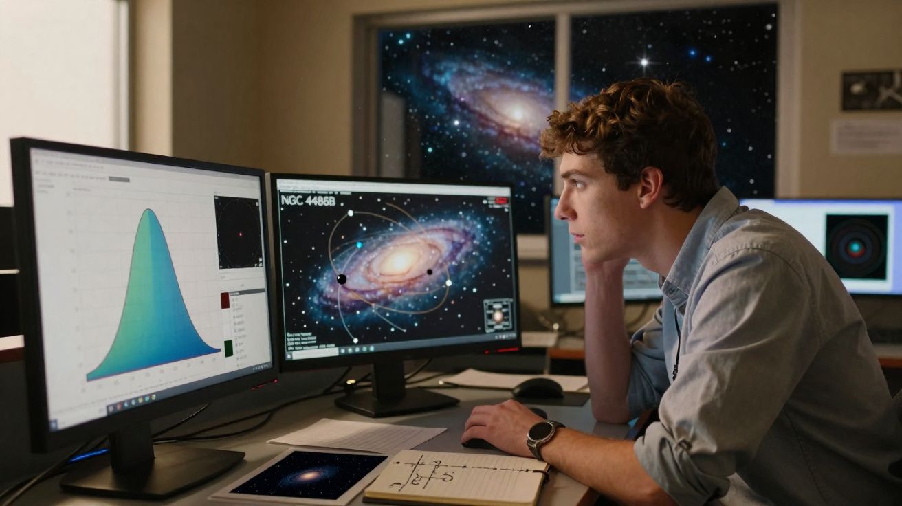 Jovem observa dados de galáxias e gráficos em computadores num escritório com janela a mostrar espaço.