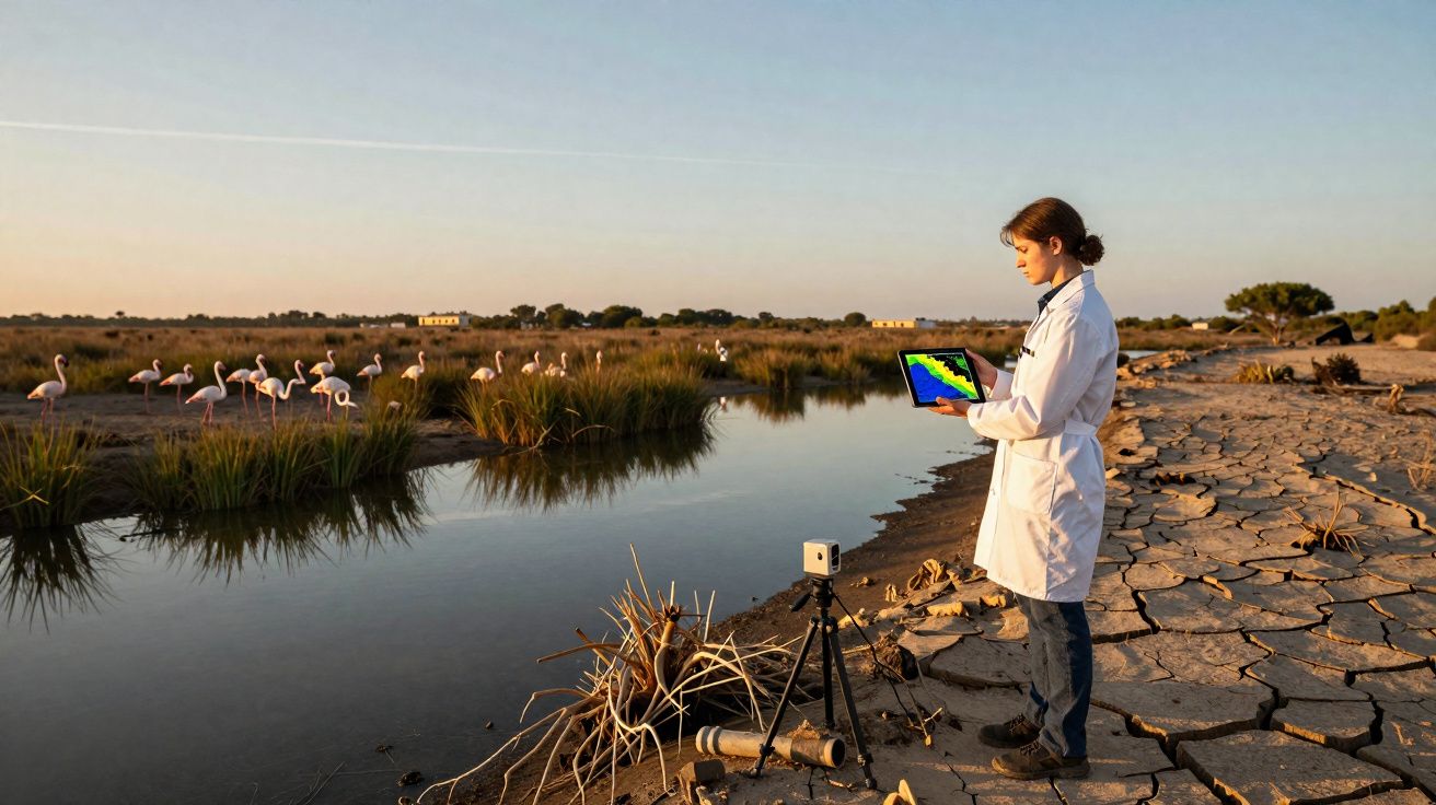 Cientista num laboratório de campo junto a rio seco, a analisar dados num tablet, com flamingos ao fundo.