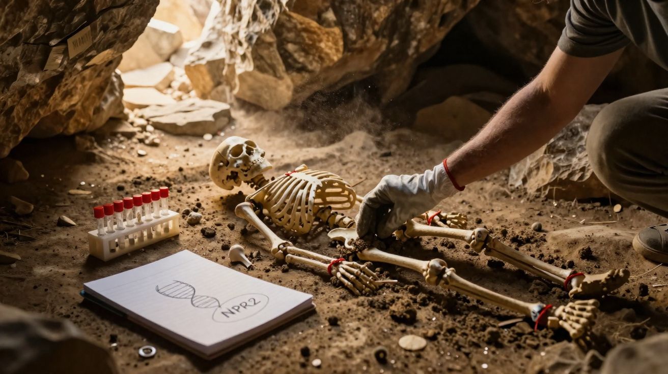 Investigador examina esqueleto humano em escavação arqueológica com tubos de ensaio e caderno científico.