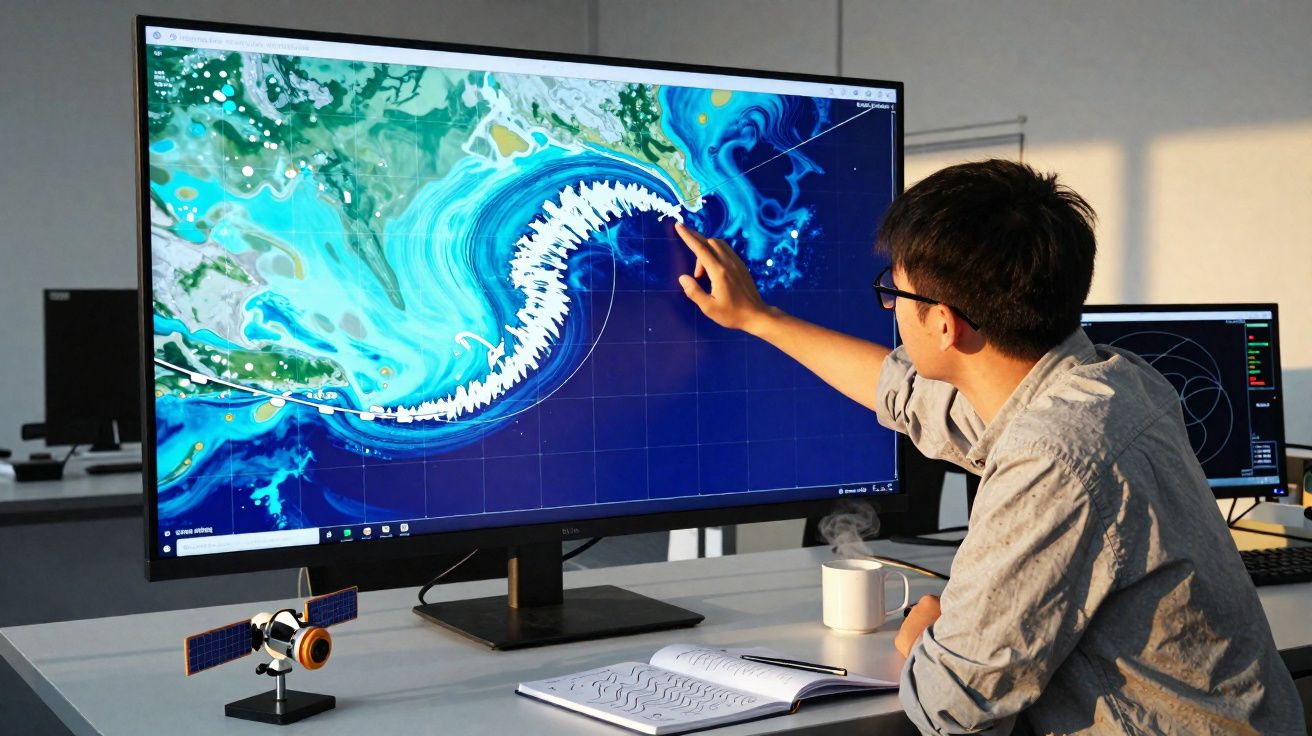 Pessoa a analisar mapas digitais de correntes oceânicas numa grande monitorização num escritório moderno.