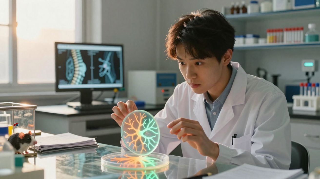 Cientista em laboratório observa cultura celular luminosa em placa de Petri com rato ao lado.