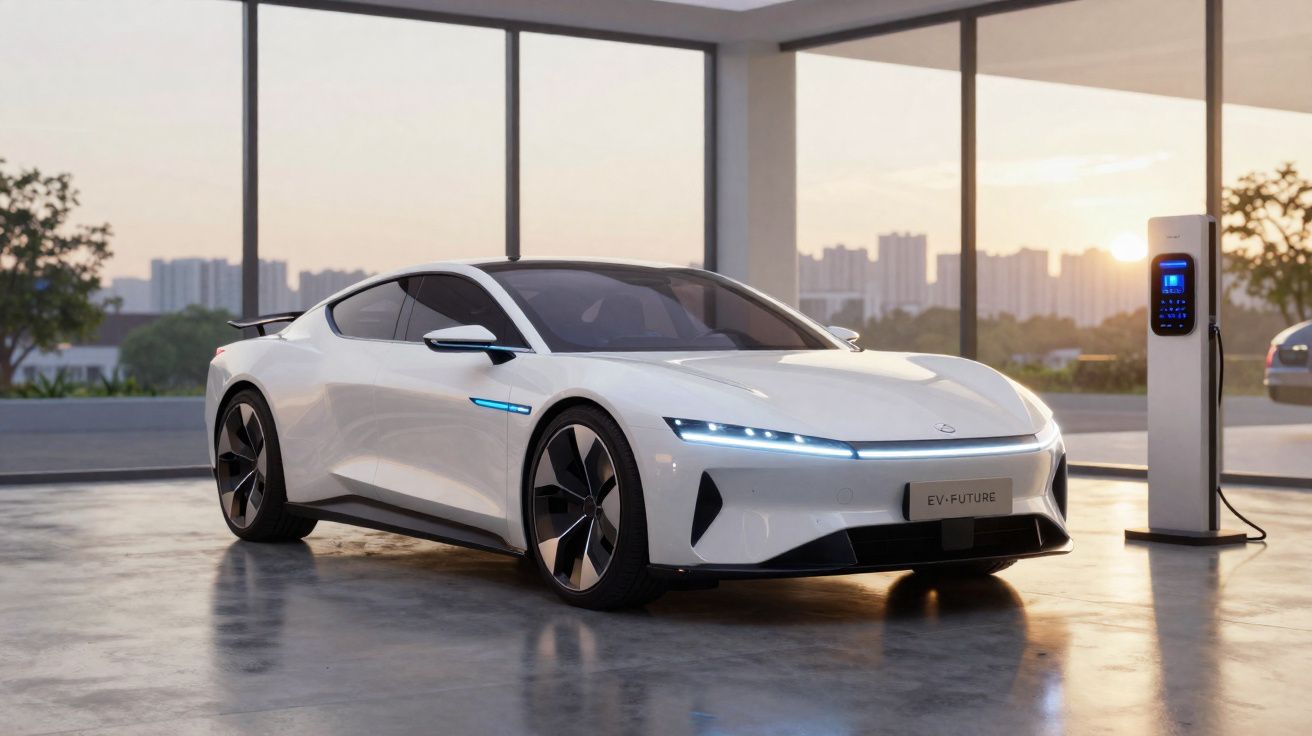 Carro elétrico desportivo branco a carregar numa estação numa garagem moderna com janelas amplas ao pôr do sol.