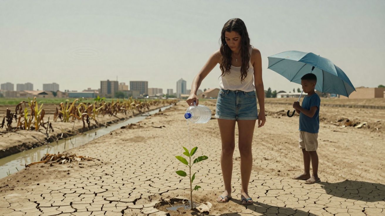 Mulher rega planta numa terra seca enquanto menino com guarda-chuva observa em dia ensolarado.
